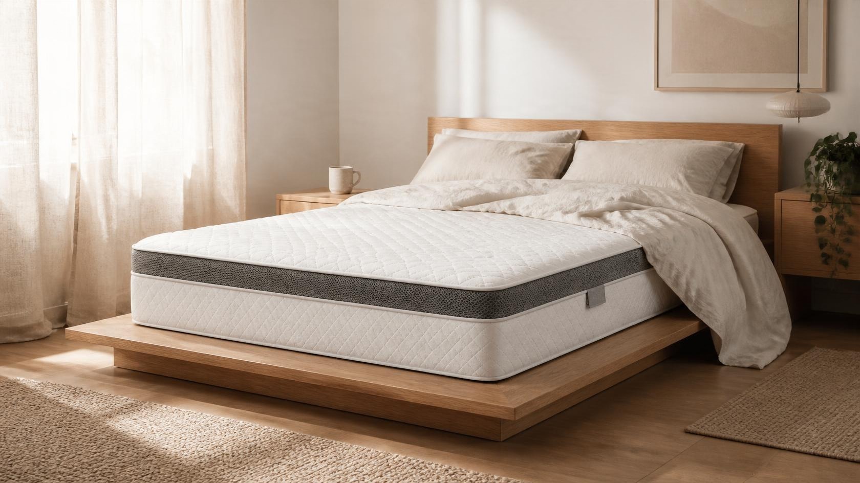The same quilted mattress on a low oak bed in a bright morning bedroom