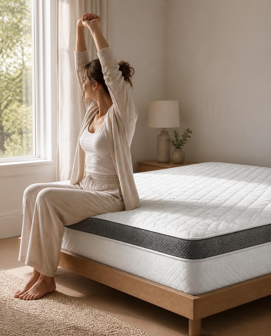 A woman stretching on the edge of a bed in morning light, the quilted mattress edge sharp in frame