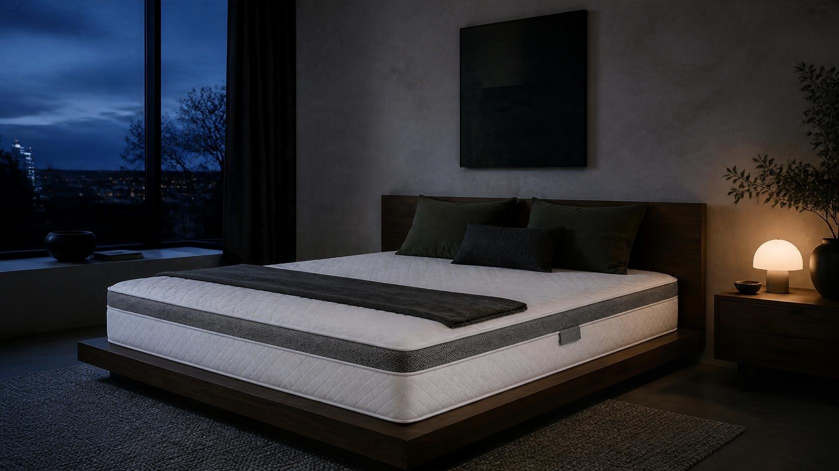 The same quilted mattress on a dark walnut bed in an evening bedroom lit by a single lamp