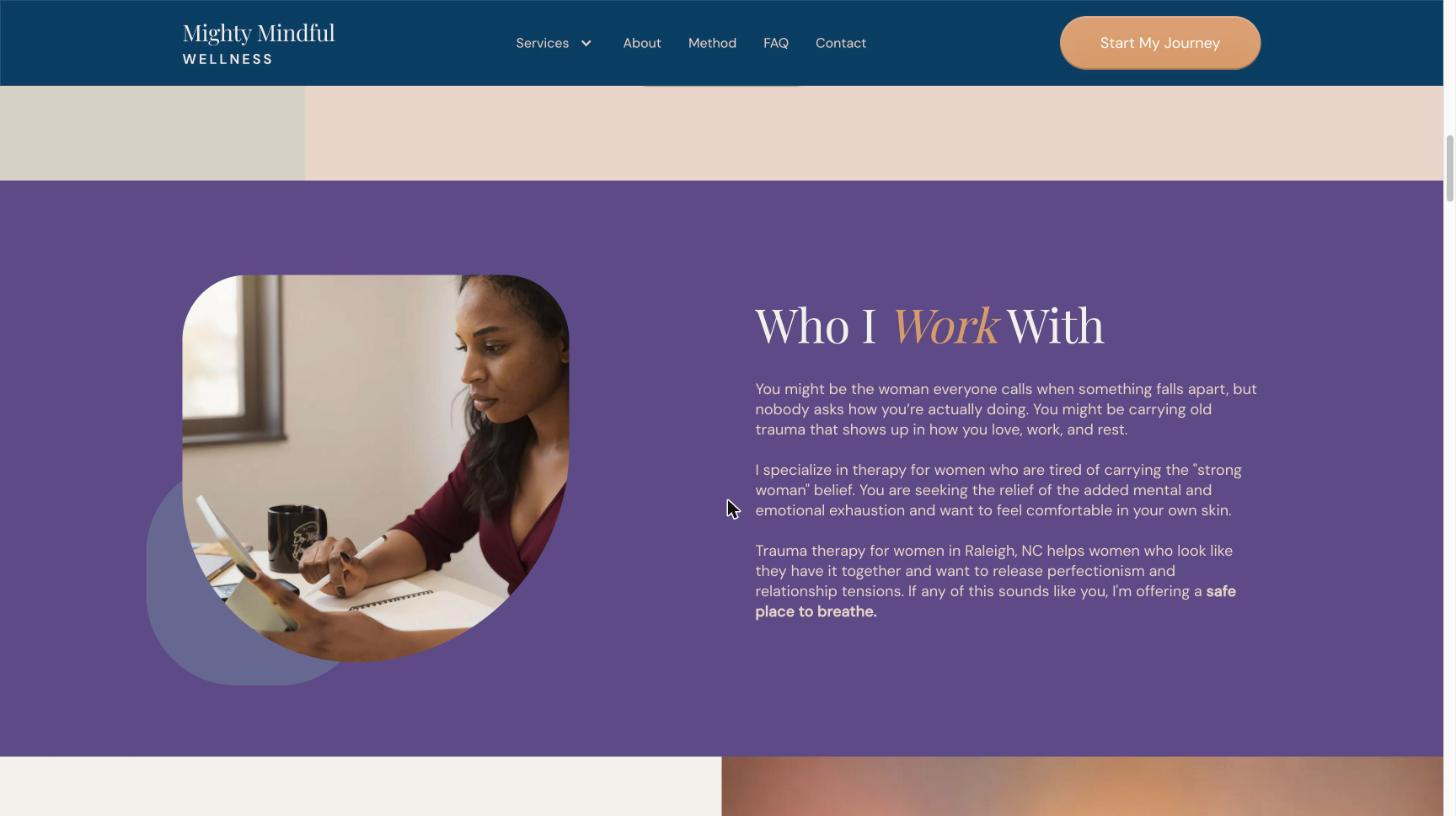 Section of the Mighty Mindful Wellness site showing a generated portrait in the layout